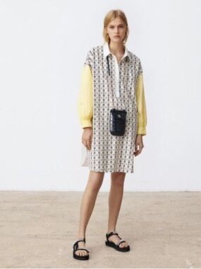 Maje Rocsi Printed Shirt Dress Patterned Tunic Dress with Yellow Sleeves